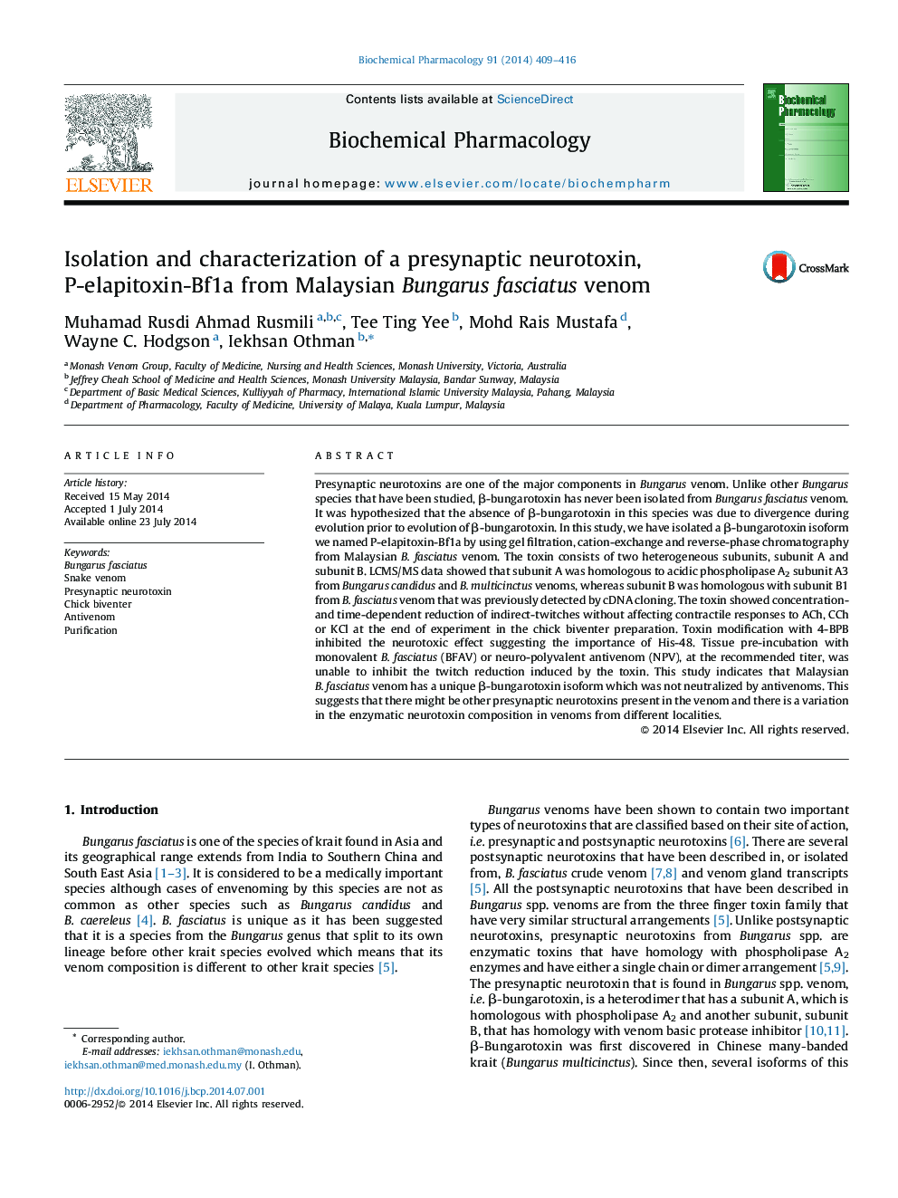 Isolation and characterization of a presynaptic neurotoxin, P-elapitoxin-Bf1a from Malaysian Bungarus fasciatus venom