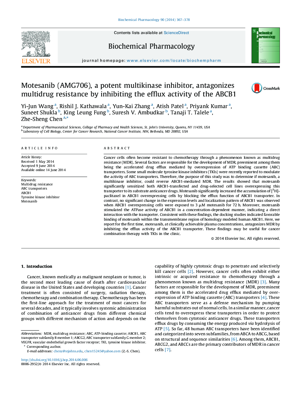 Motesanib (AMG706), a potent multikinase inhibitor, antagonizes multidrug resistance by inhibiting the efflux activity of the ABCB1