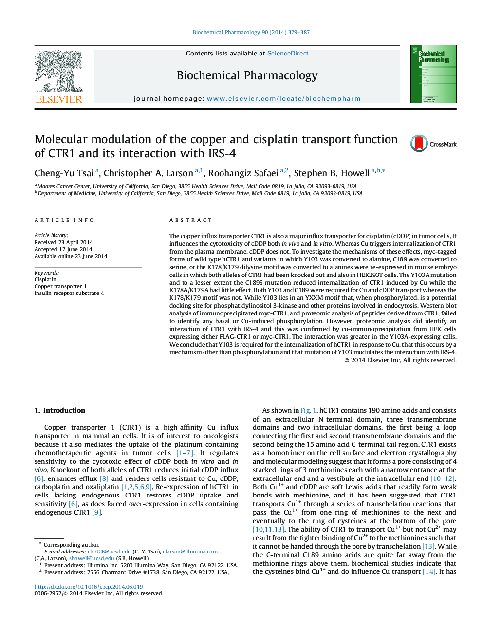 Molecular modulation of the copper and cisplatin transport function of CTR1 and its interaction with IRS-4