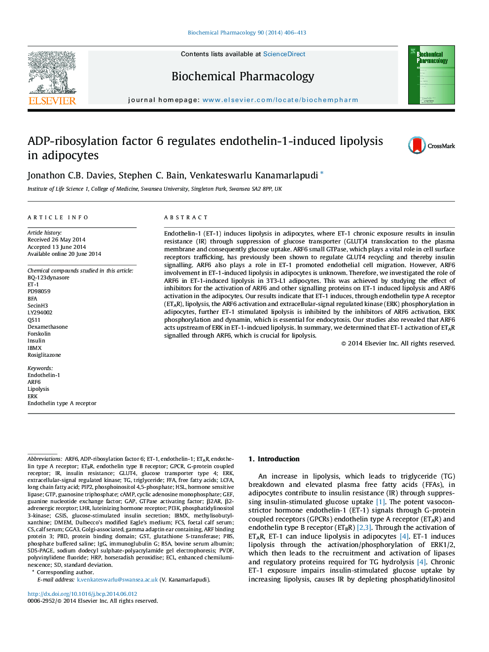 ADP-ribosylation factor 6 regulates endothelin-1-induced lipolysis in adipocytes