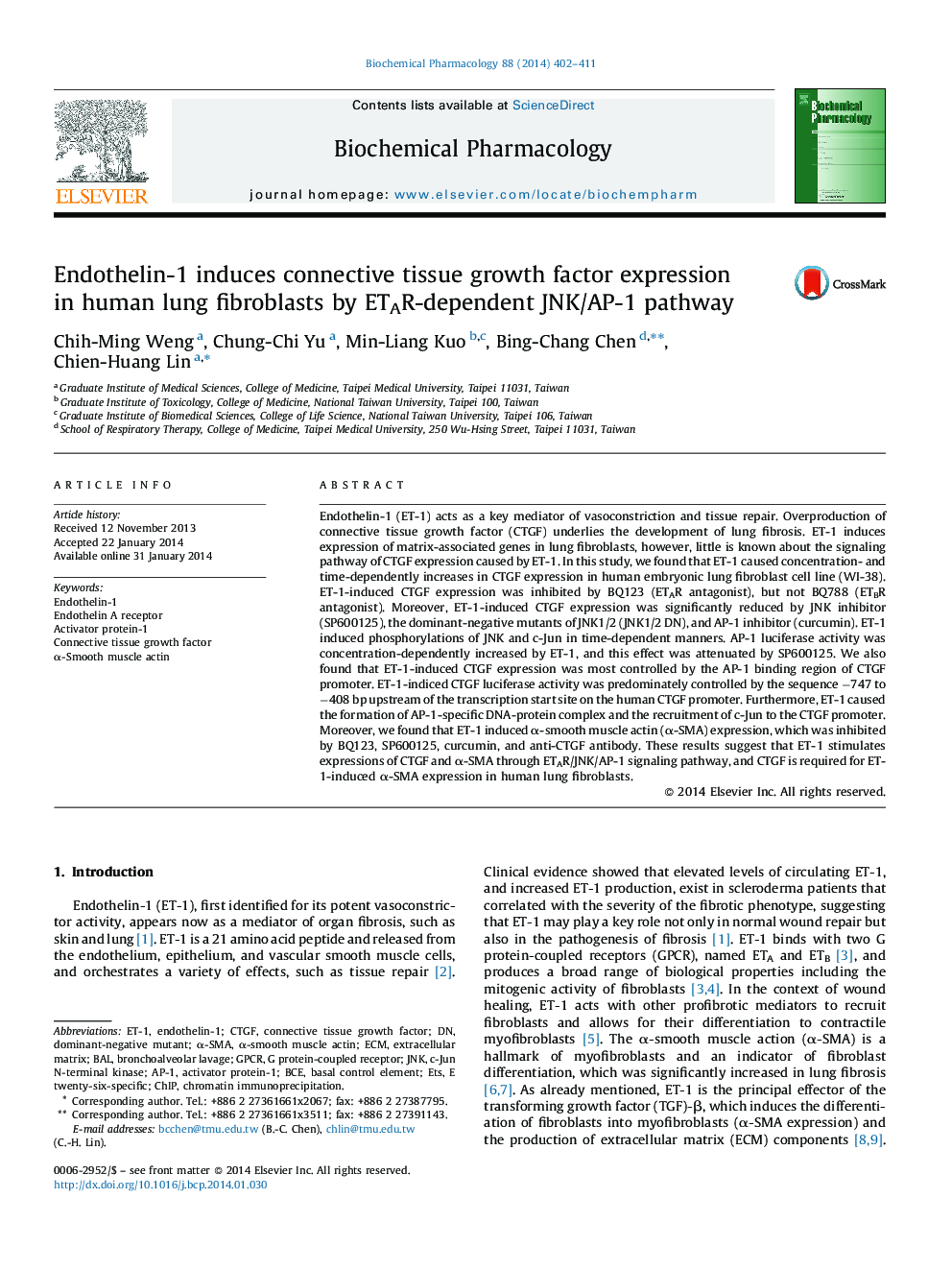 Endothelin-1 induces connective tissue growth factor expression in human lung fibroblasts by ETAR-dependent JNK/AP-1 pathway