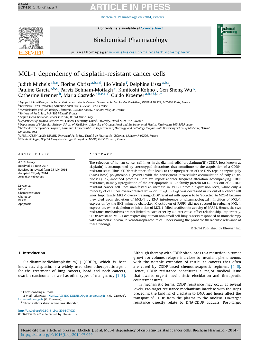 MCL-1 dependency of cisplatin-resistant cancer cells