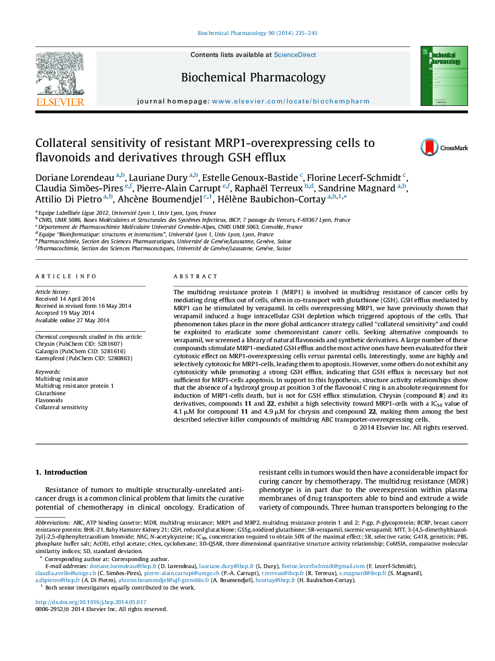 Collateral sensitivity of resistant MRP1-overexpressing cells to flavonoids and derivatives through GSH efflux