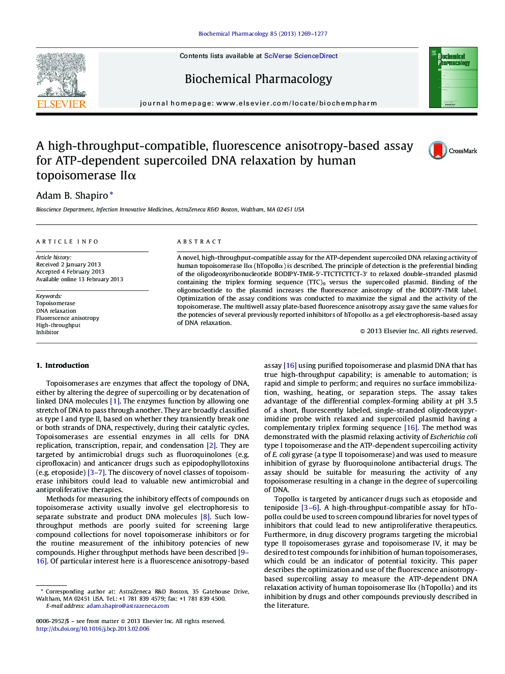 A high-throughput-compatible, fluorescence anisotropy-based assay for ATP-dependent supercoiled DNA relaxation by human topoisomerase IIÎ±