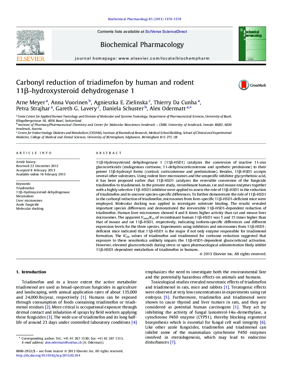 Carbonyl reduction of triadimefon by human and rodent 11Î²-hydroxysteroid dehydrogenase 1