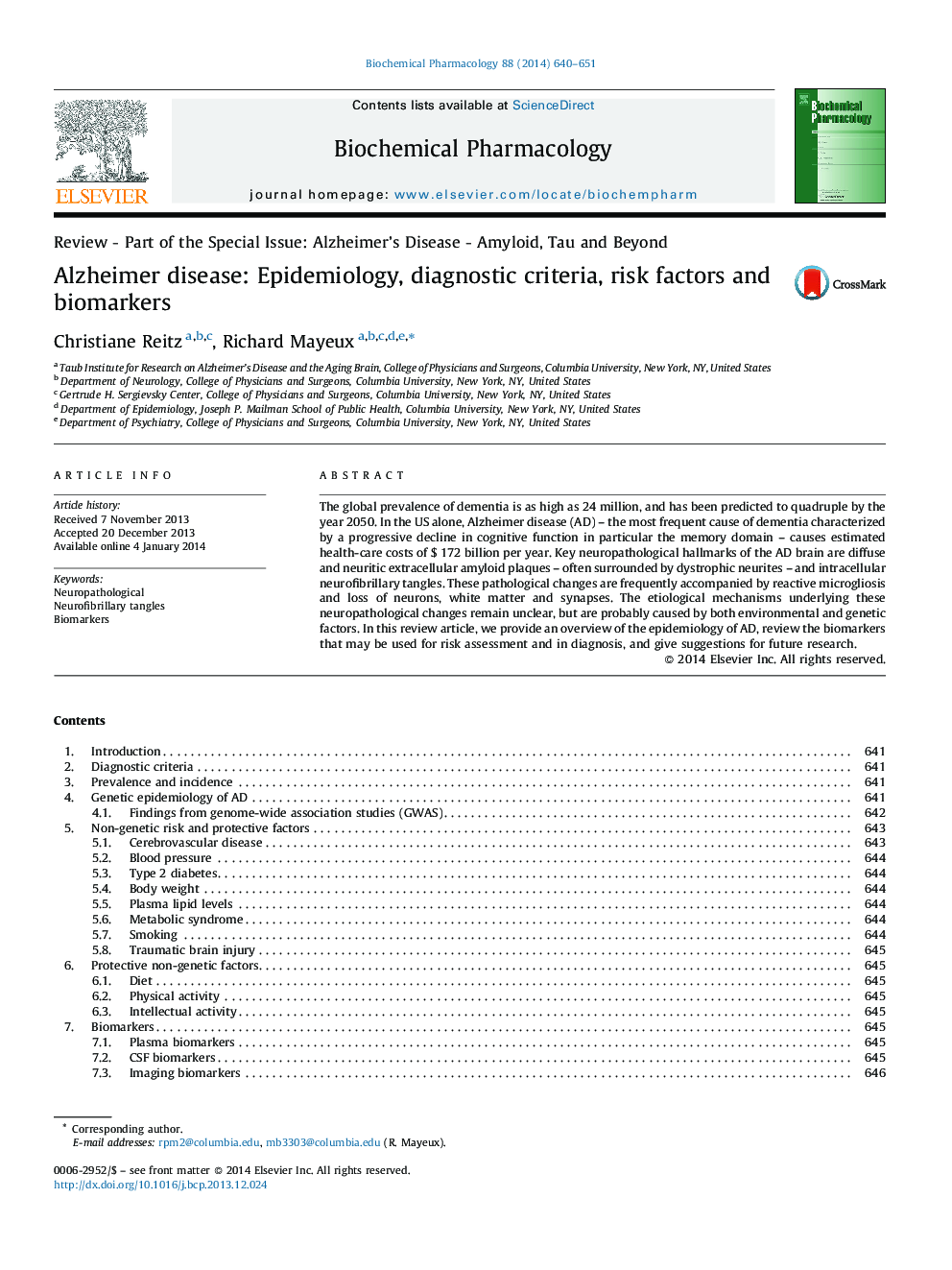 Review - Part of the Special Issue: Alzheimer's Disease - Amyloid, Tau and BeyondAlzheimer disease: Epidemiology, diagnostic criteria, risk factors and biomarkers