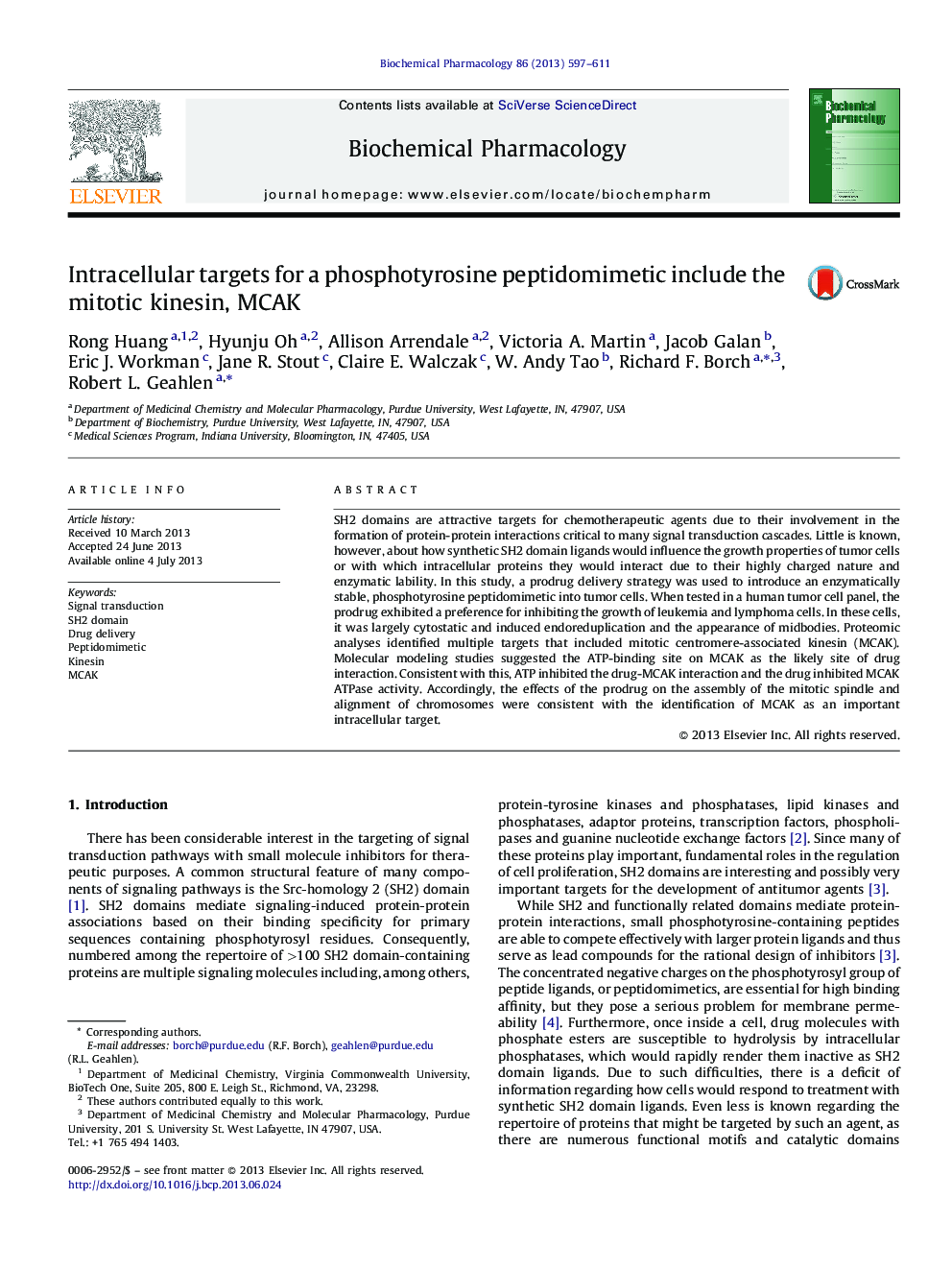 Intracellular targets for a phosphotyrosine peptidomimetic include the mitotic kinesin, MCAK