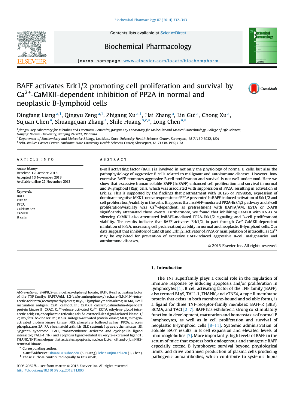 BAFF activates Erk1/2 promoting cell proliferation and survival by Ca2+-CaMKII-dependent inhibition of PP2A in normal and neoplastic B-lymphoid cells