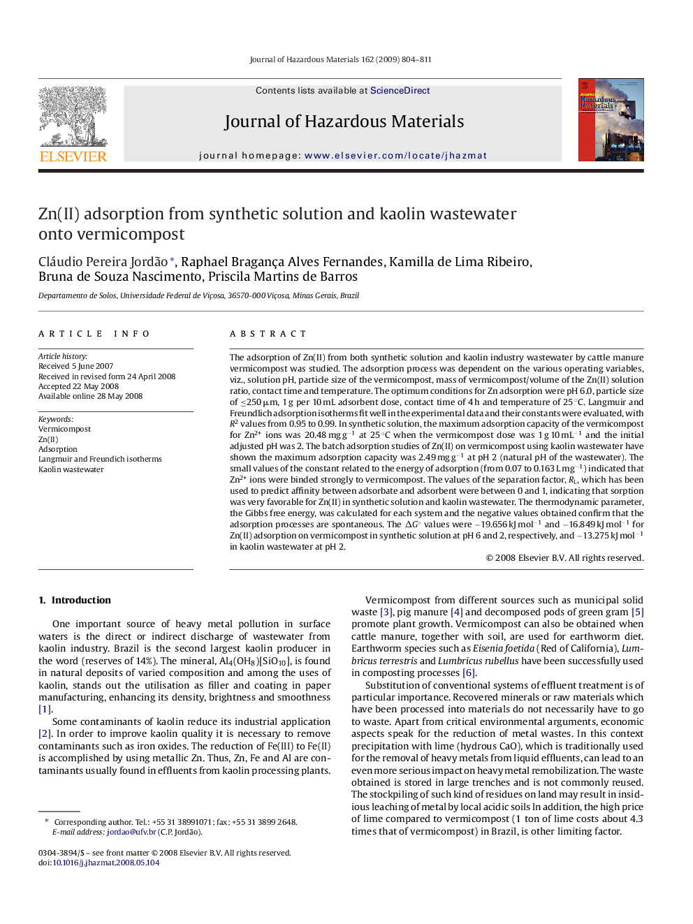 Zn(II) adsorption from synthetic solution and kaolin wastewater onto vermicompost