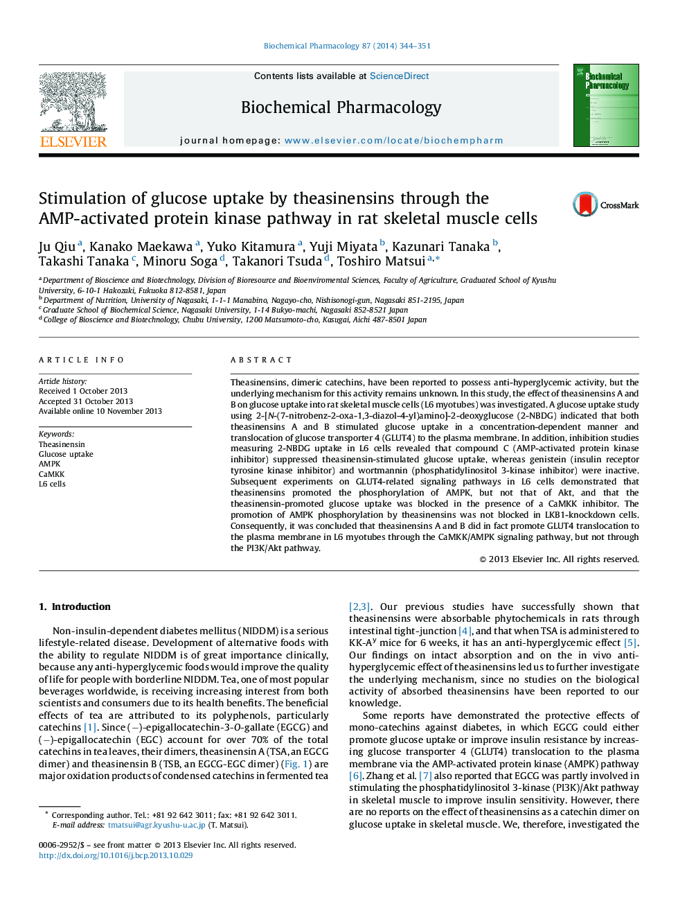 Stimulation of glucose uptake by theasinensins through the AMP-activated protein kinase pathway in rat skeletal muscle cells