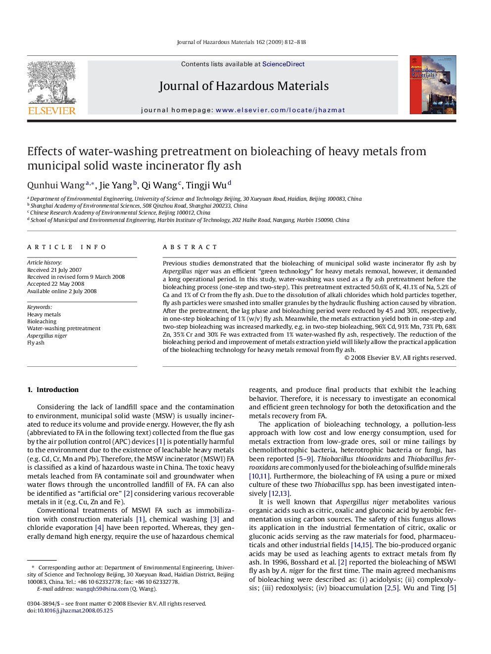 Effects of water-washing pretreatment on bioleaching of heavy metals from municipal solid waste incinerator fly ash