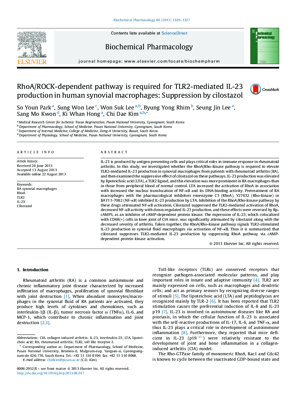 RhoA/ROCK-dependent pathway is required for TLR2-mediated IL-23 production in human synovial macrophages: Suppression by cilostazol