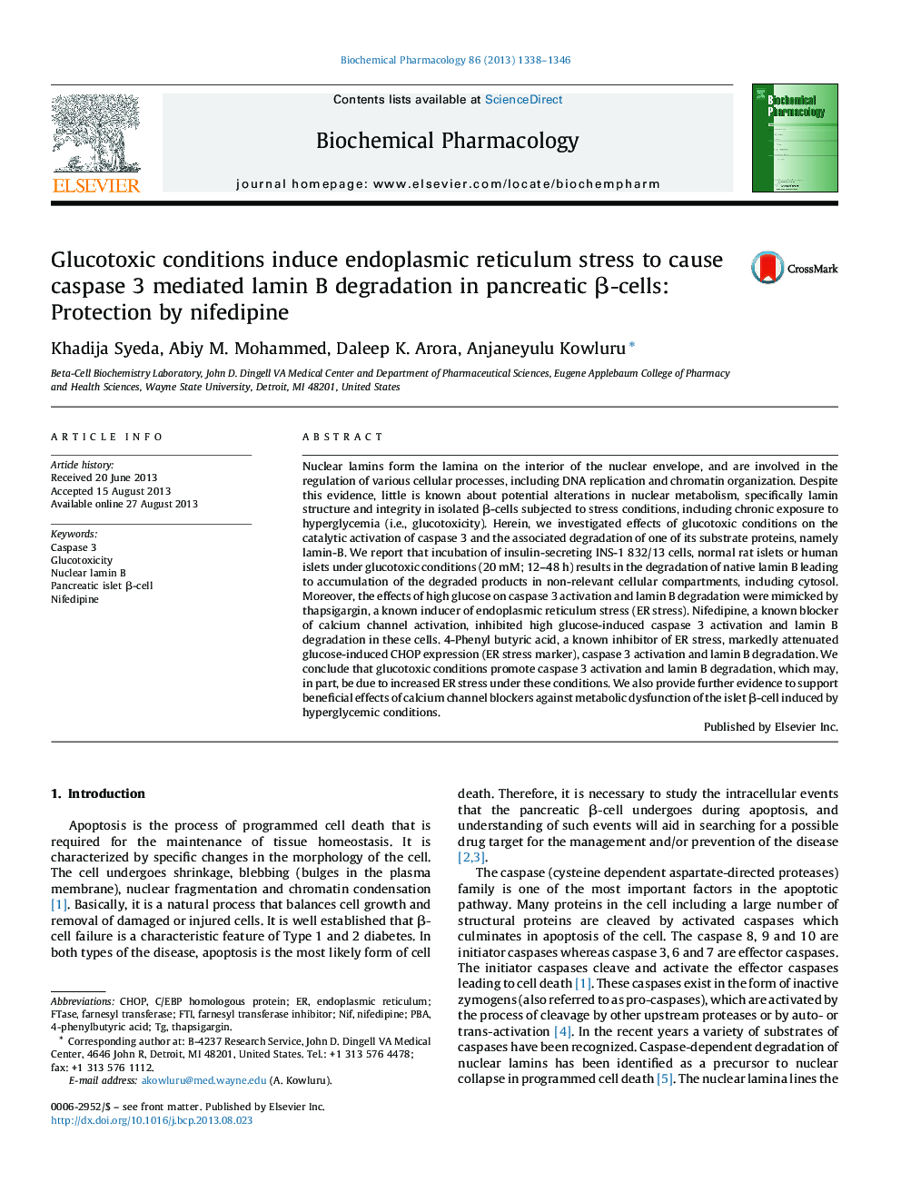 Glucotoxic conditions induce endoplasmic reticulum stress to cause caspase 3 mediated lamin B degradation in pancreatic Î²-cells: Protection by nifedipine