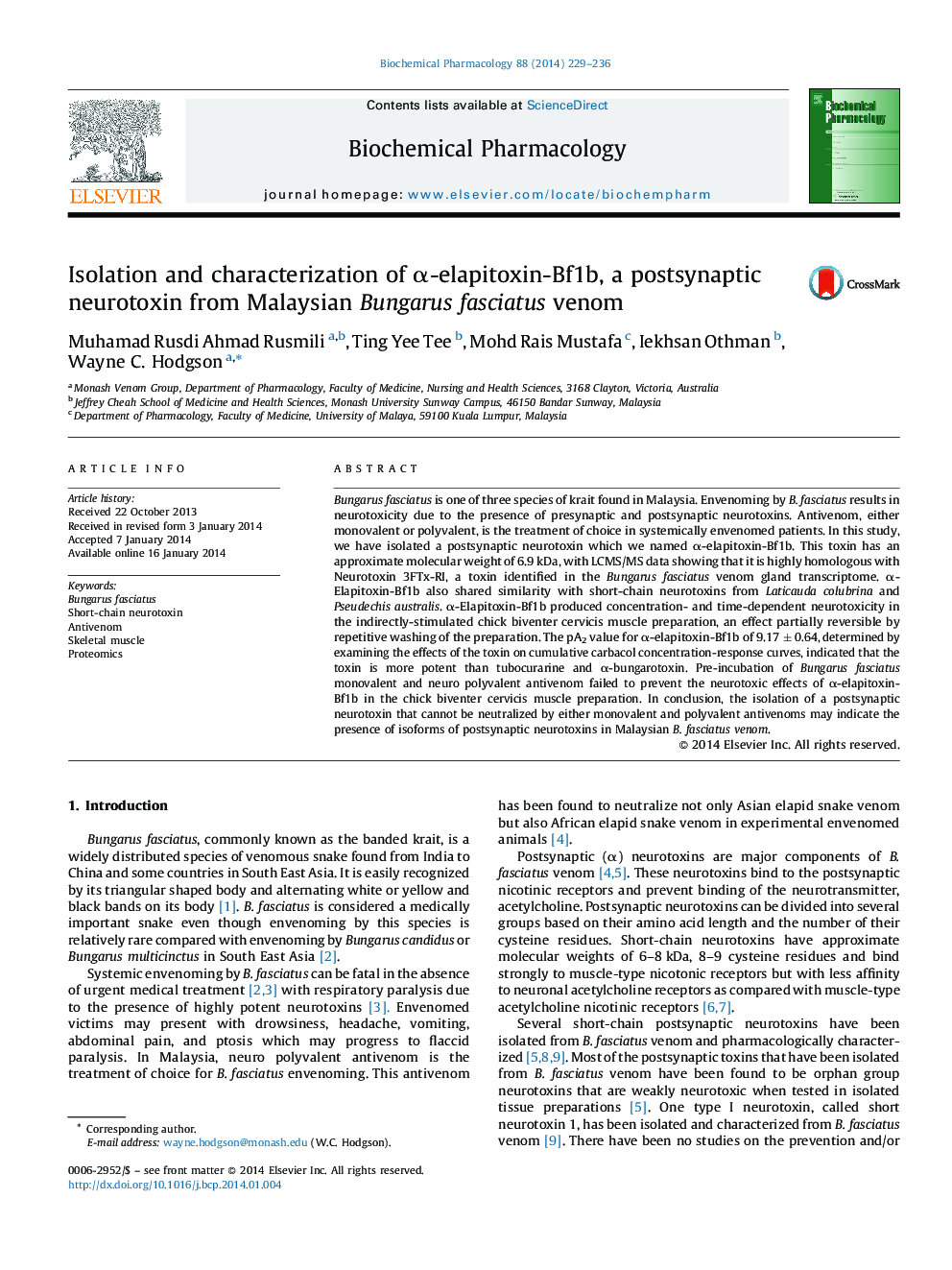 Isolation and characterization of Î±-elapitoxin-Bf1b, a postsynaptic neurotoxin from Malaysian Bungarus fasciatus venom