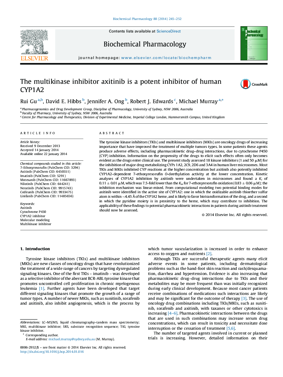 The multikinase inhibitor axitinib is a potent inhibitor of human CYP1A2