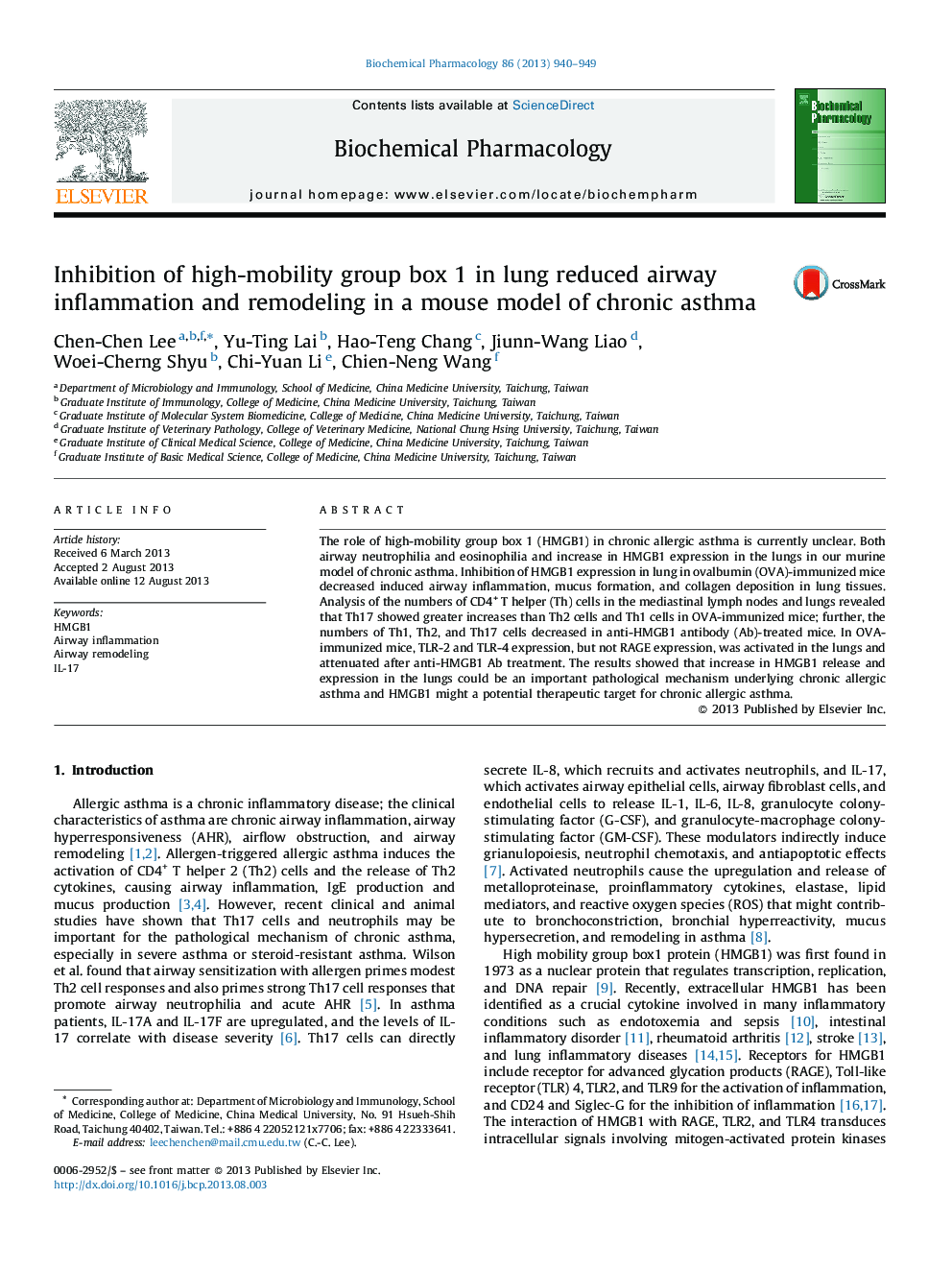 Inhibition of high-mobility group box 1 in lung reduced airway inflammation and remodeling in a mouse model of chronic asthma