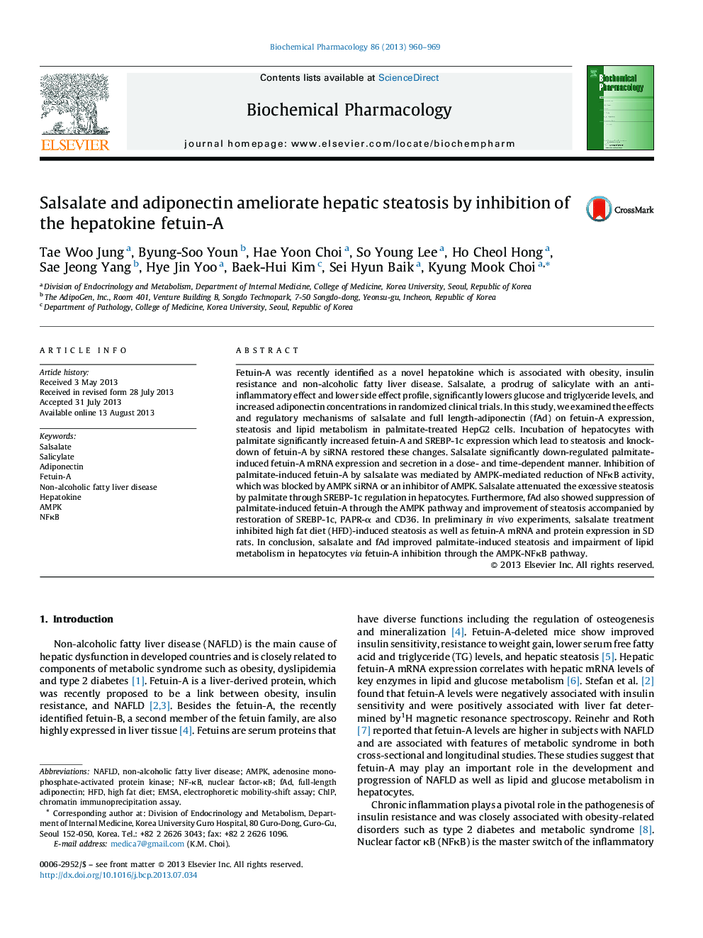 Salsalate and adiponectin ameliorate hepatic steatosis by inhibition of the hepatokine fetuin-A