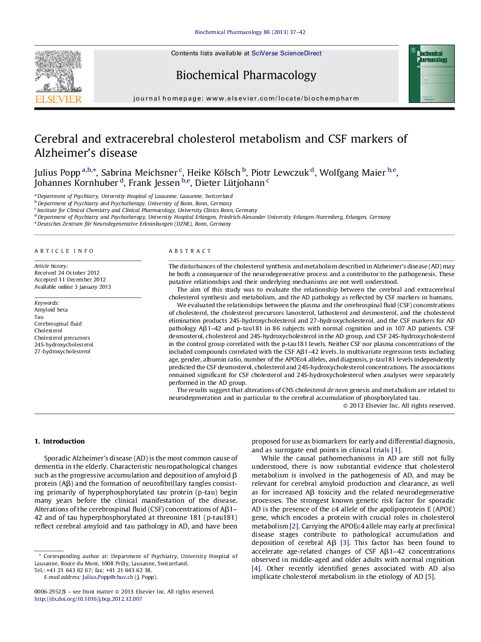 Cerebral and extracerebral cholesterol metabolism and CSF markers of Alzheimer's disease