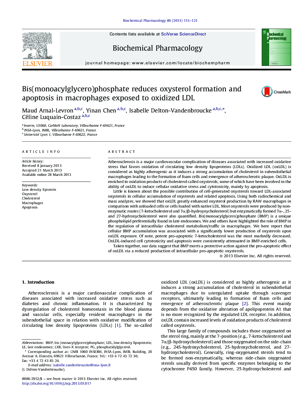 Bis(monoacylglycero)phosphate reduces oxysterol formation and apoptosis in macrophages exposed to oxidized LDL