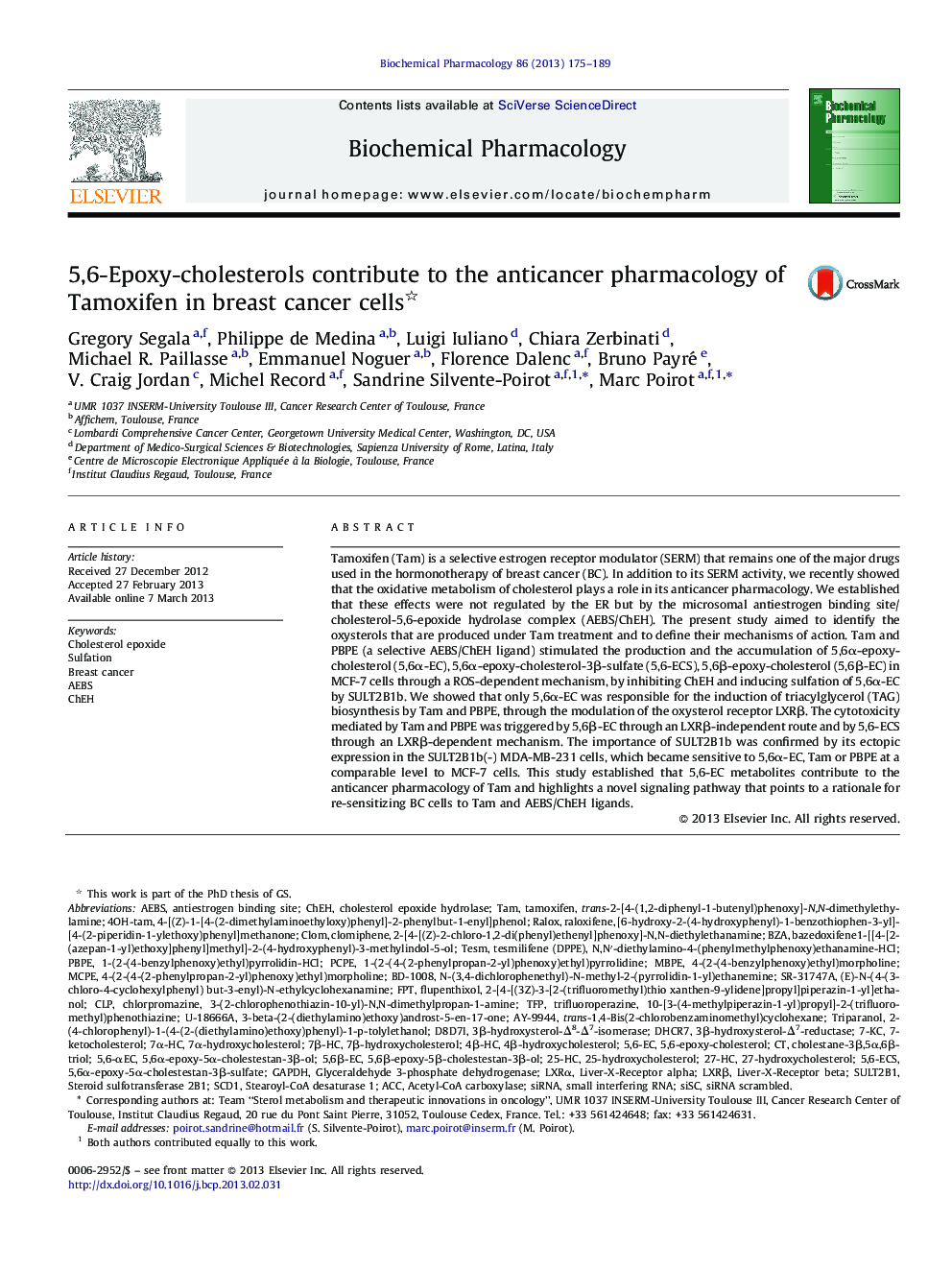 5,6-Epoxy-cholesterols contribute to the anticancer pharmacology of Tamoxifen in breast cancer cells