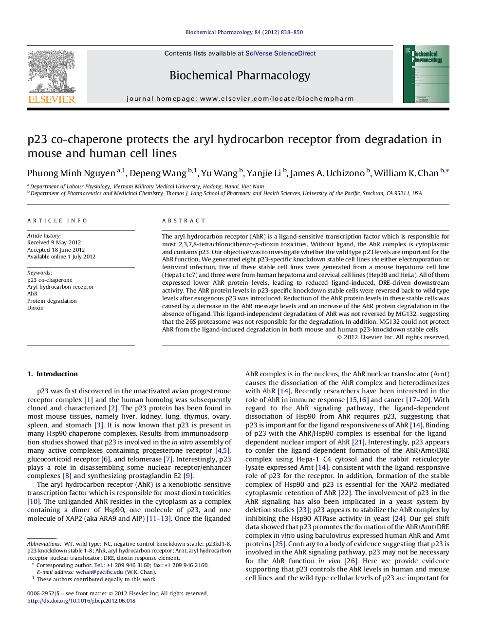 p23 co-chaperone protects the aryl hydrocarbon receptor from degradation in mouse and human cell lines