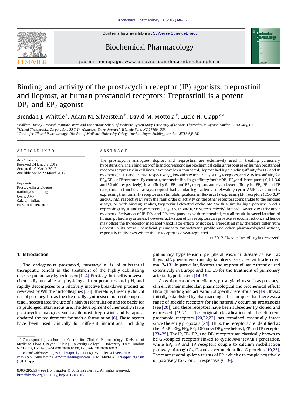 Binding and activity of the prostacyclin receptor (IP) agonists, treprostinil and iloprost, at human prostanoid receptors: Treprostinil is a potent DP1 and EP2 agonist