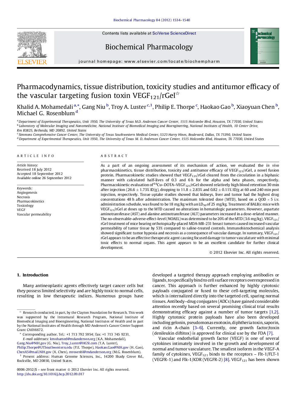 Pharmacodynamics, tissue distribution, toxicity studies and antitumor efficacy of the vascular targeting fusion toxin VEGF121/rGel