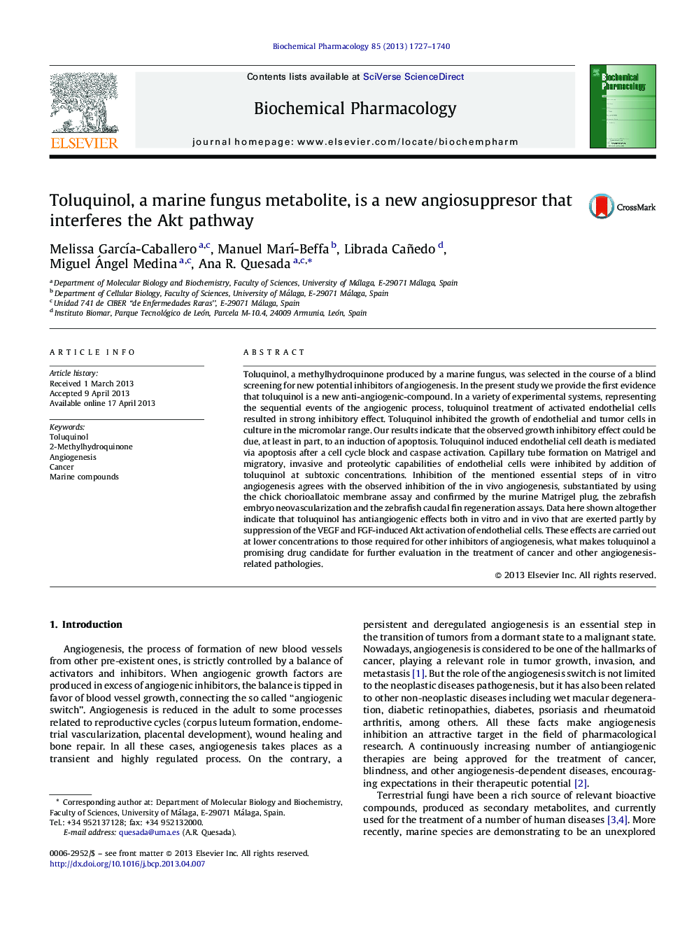 Toluquinol, a marine fungus metabolite, is a new angiosuppresor that interferes the Akt pathway