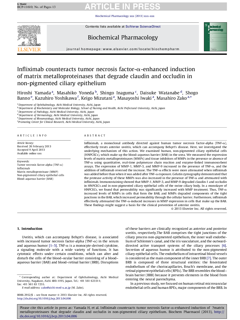 Infliximab counteracts tumor necrosis factor-Î±-enhanced induction of matrix metalloproteinases that degrade claudin and occludin in non-pigmented ciliary epithelium