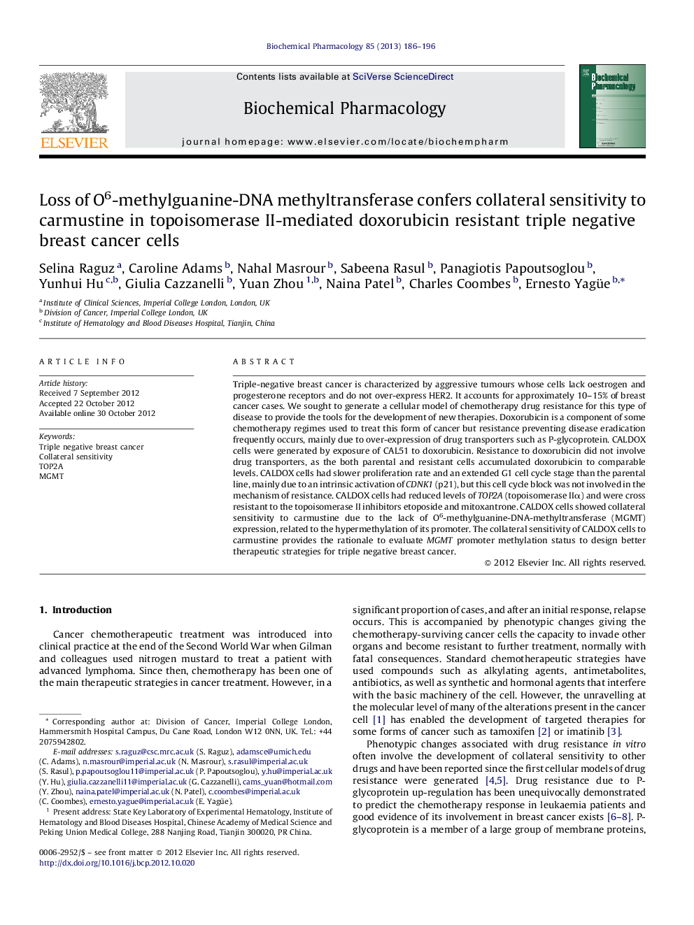 Loss of O6-methylguanine-DNA methyltransferase confers collateral sensitivity to carmustine in topoisomerase II-mediated doxorubicin resistant triple negative breast cancer cells