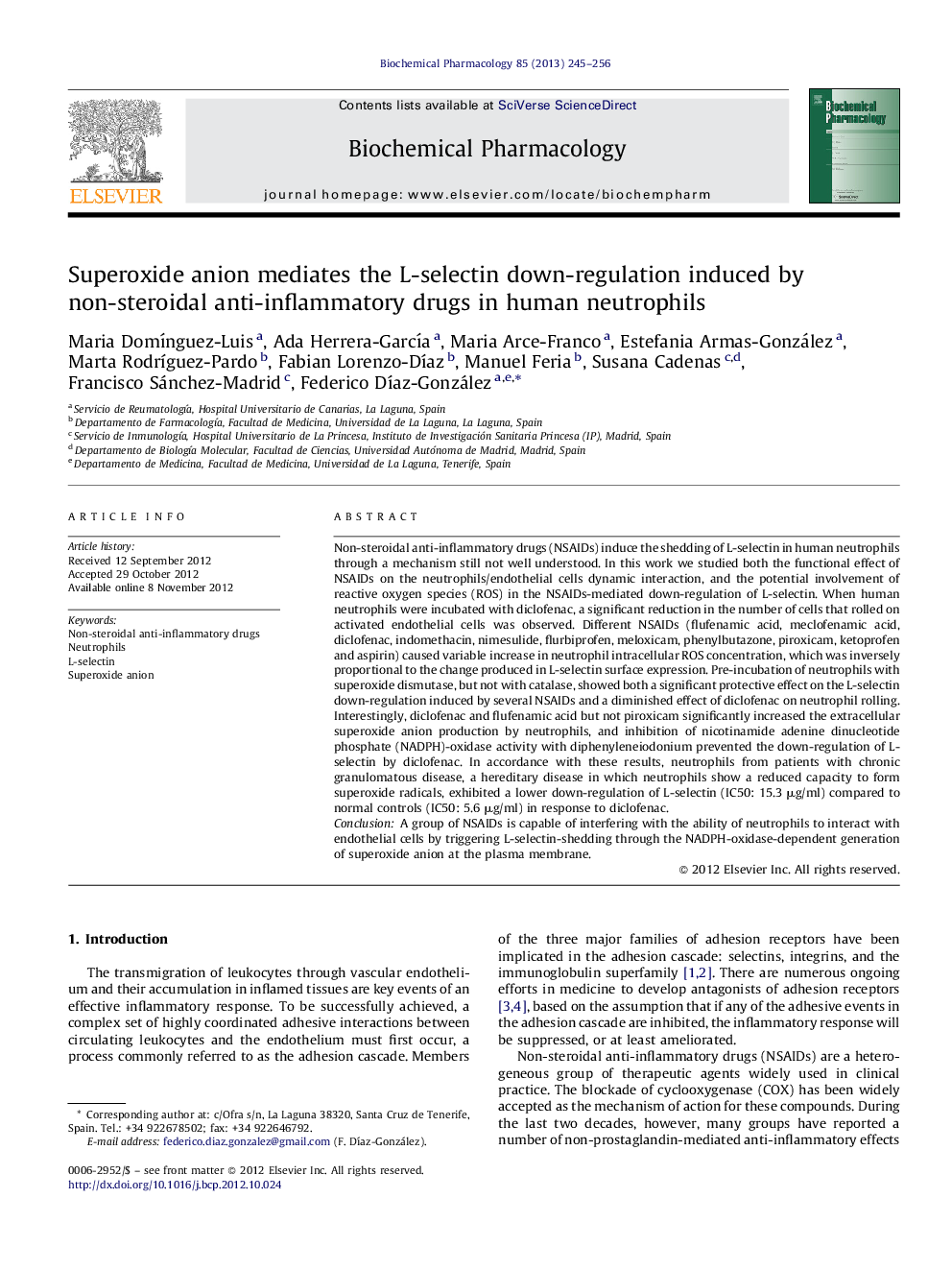 Superoxide anion mediates the L-selectin down-regulation induced by non-steroidal anti-inflammatory drugs in human neutrophils