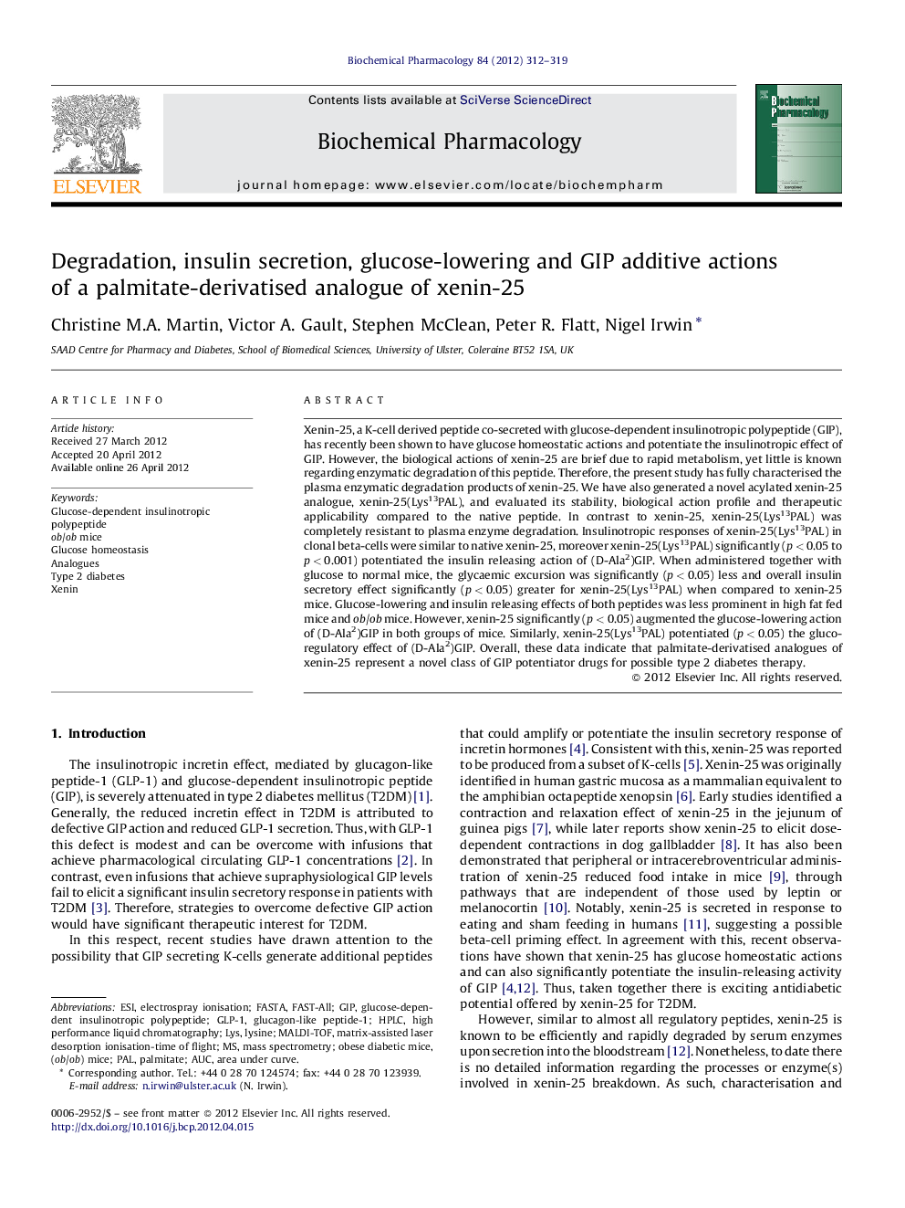 Degradation, insulin secretion, glucose-lowering and GIP additive actions of a palmitate-derivatised analogue of xenin-25