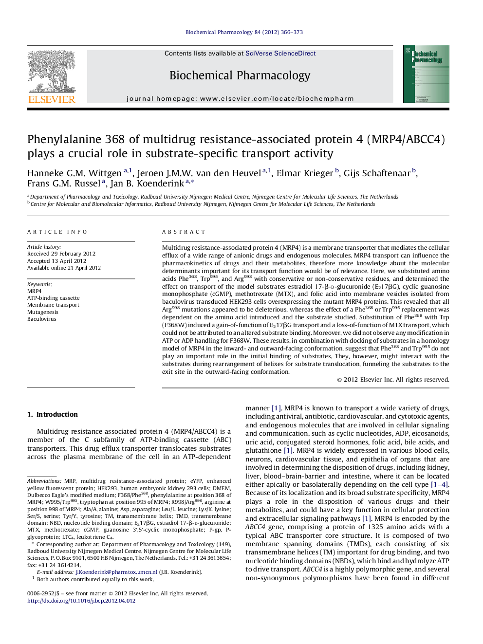 Phenylalanine 368 of multidrug resistance-associated protein 4 (MRP4/ABCC4) plays a crucial role in substrate-specific transport activity