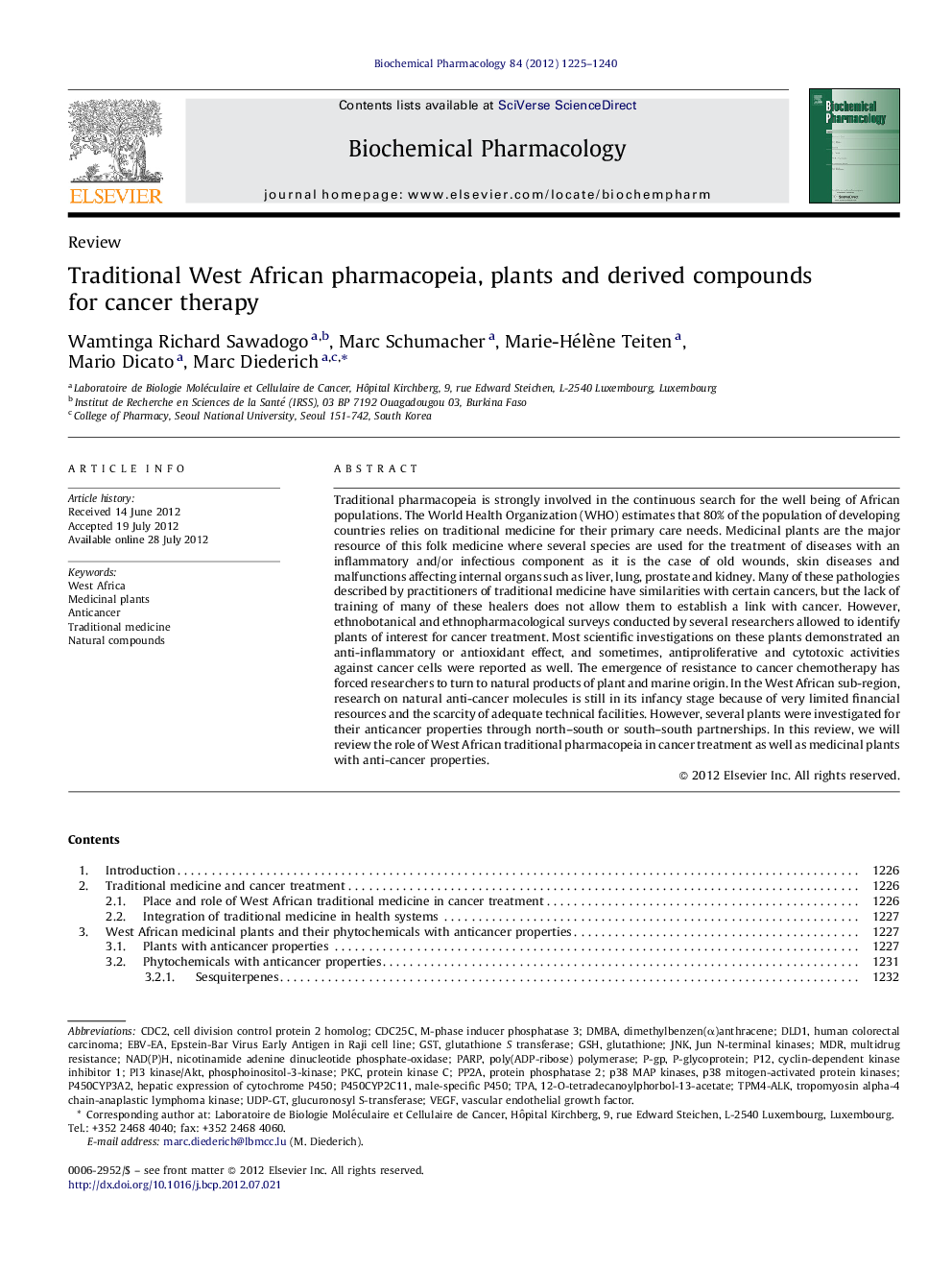 Traditional West African pharmacopeia, plants and derived compounds for cancer therapy