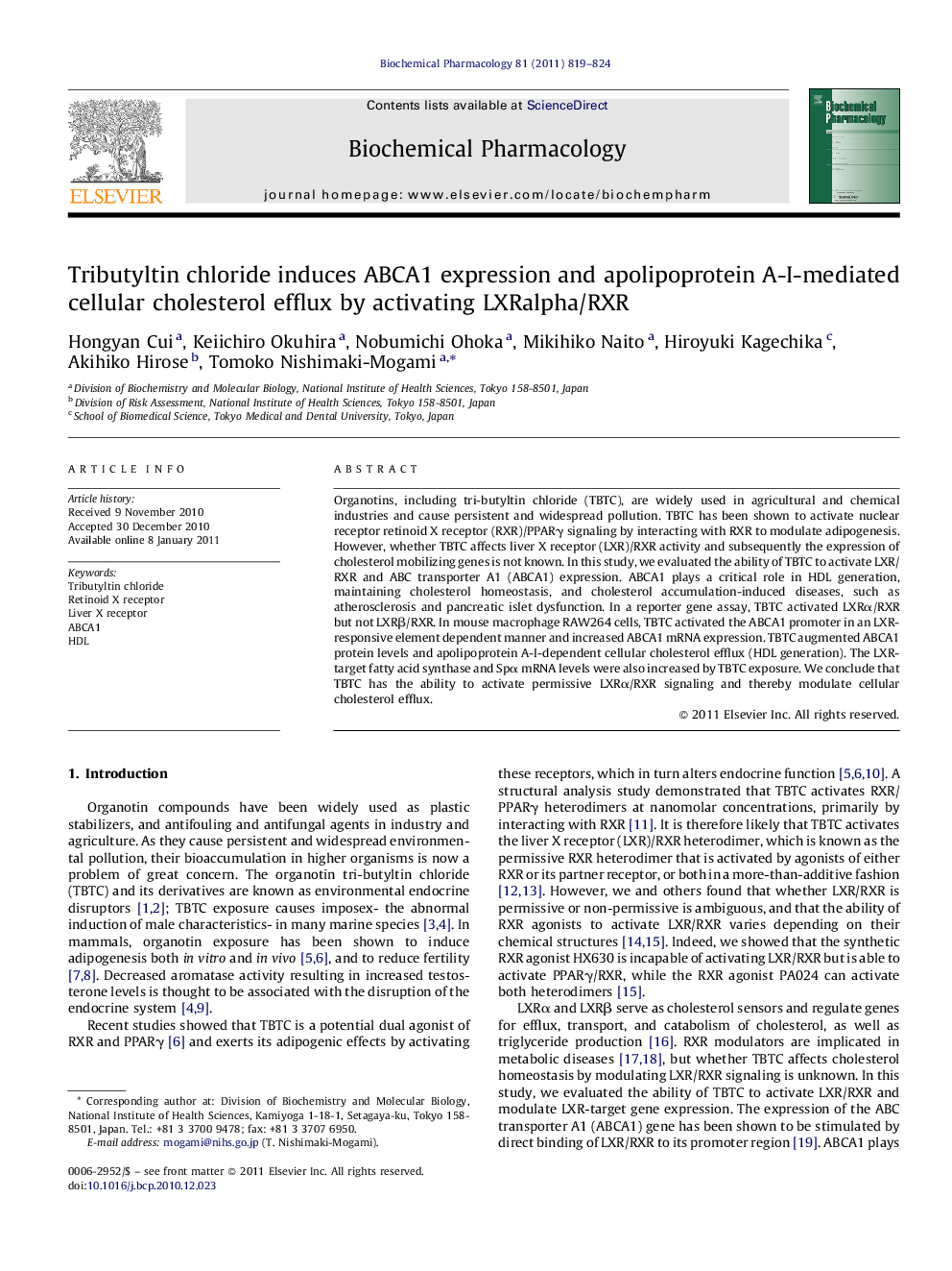 Tributyltin chloride induces ABCA1 expression and apolipoprotein A-I-mediated cellular cholesterol efflux by activating LXRalpha/RXR