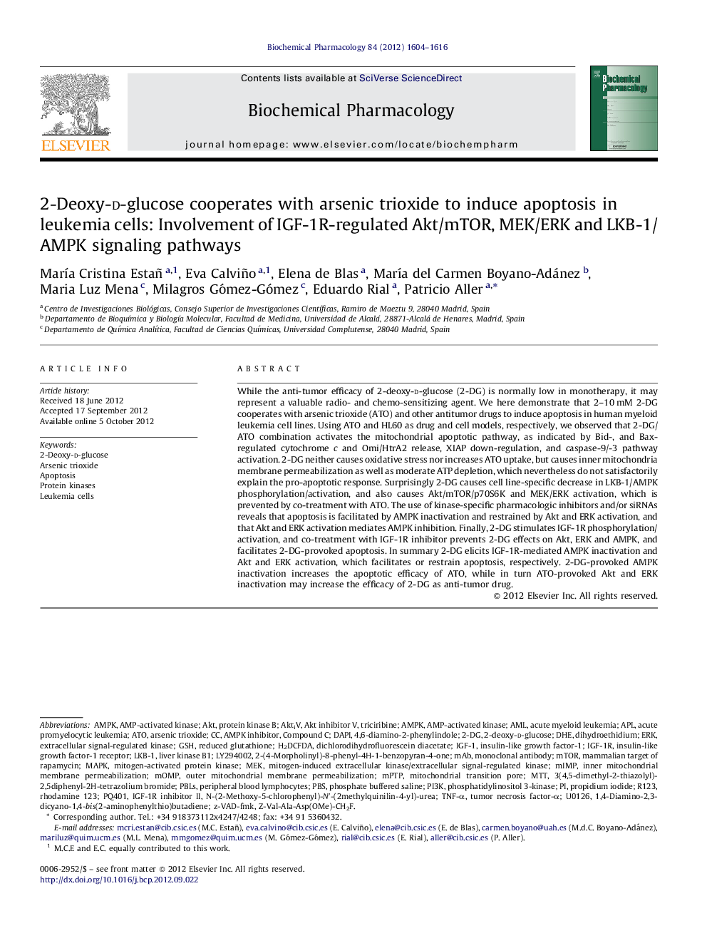 2-Deoxy-d-glucose cooperates with arsenic trioxide to induce apoptosis in leukemia cells: Involvement of IGF-1R-regulated Akt/mTOR, MEK/ERK and LKB-1/AMPK signaling pathways