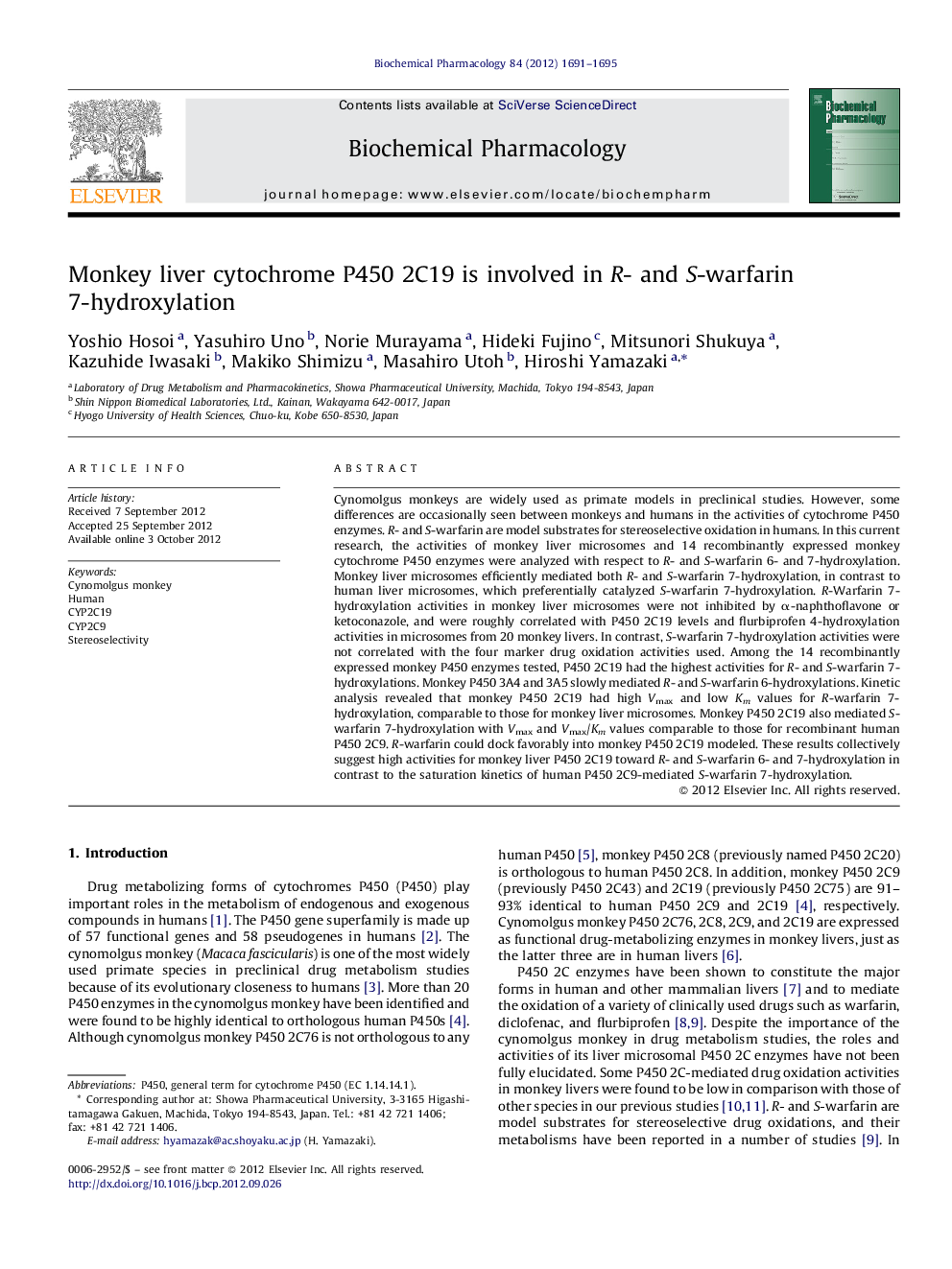 Monkey liver cytochrome P450 2C19 is involved in R- and S-warfarin 7-hydroxylation