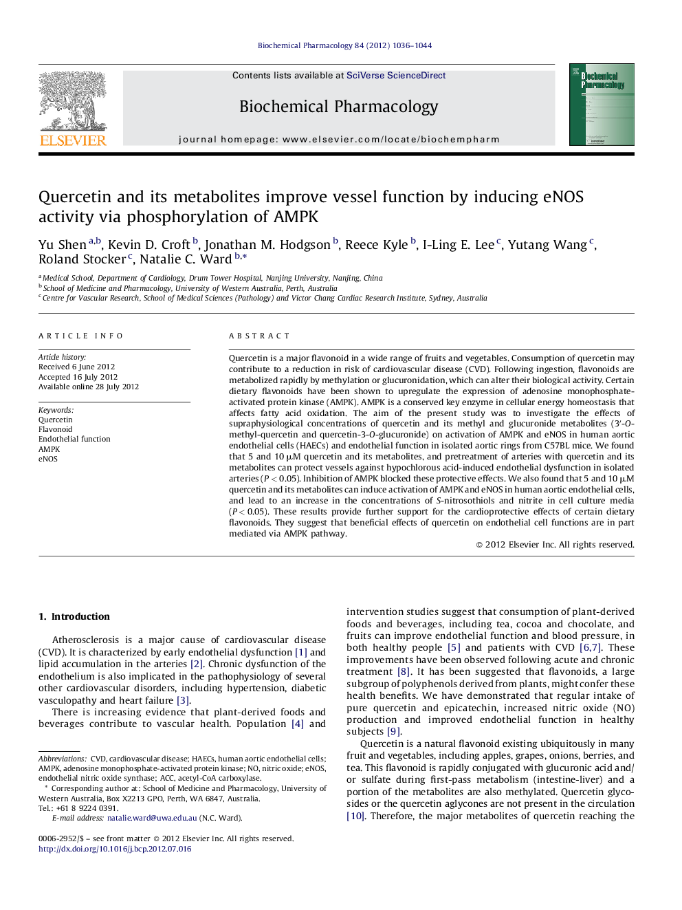 Quercetin and its metabolites improve vessel function by inducing eNOS activity via phosphorylation of AMPK