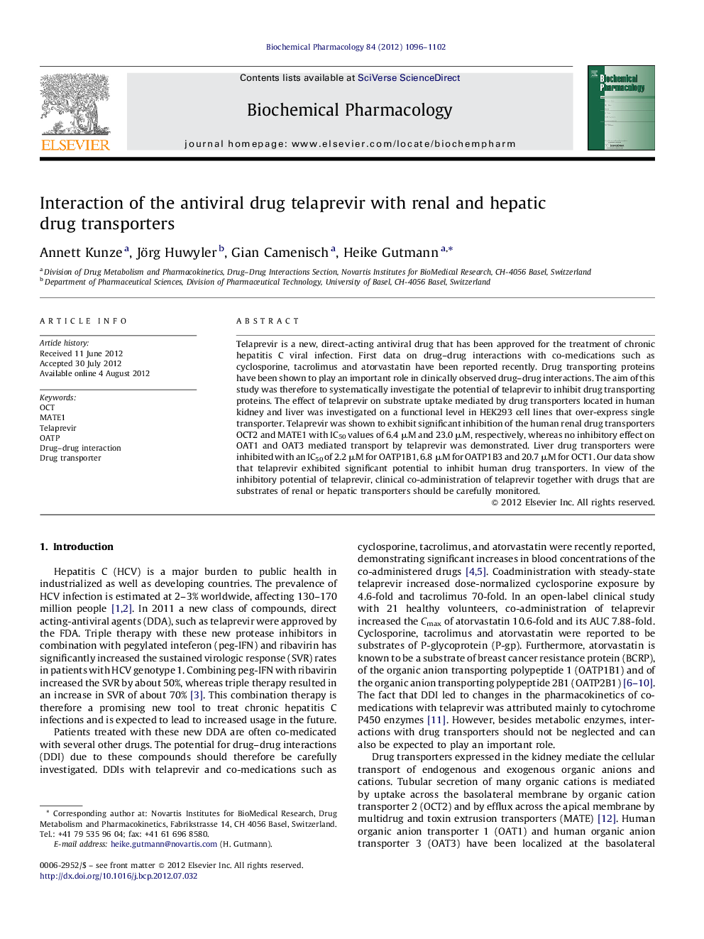 Interaction of the antiviral drug telaprevir with renal and hepatic drug transporters