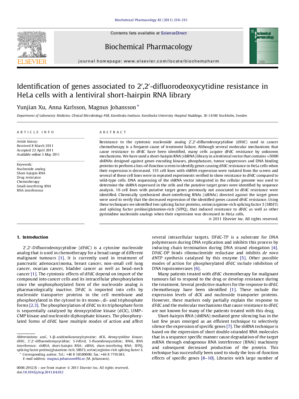 Identification of genes associated to 2â²,2â²-difluorodeoxycytidine resistance in HeLa cells with a lentiviral short-hairpin RNA library
