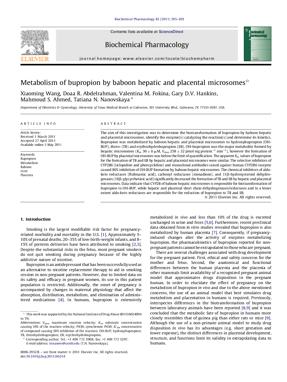 Metabolism of bupropion by baboon hepatic and placental microsomes