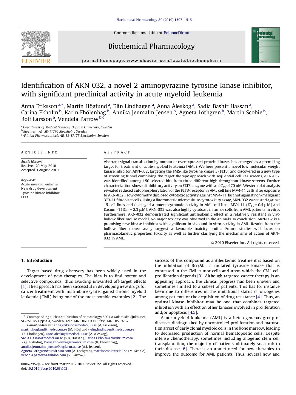 Identification of AKN-032, a novel 2-aminopyrazine tyrosine kinase inhibitor, with significant preclinical activity in acute myeloid leukemia