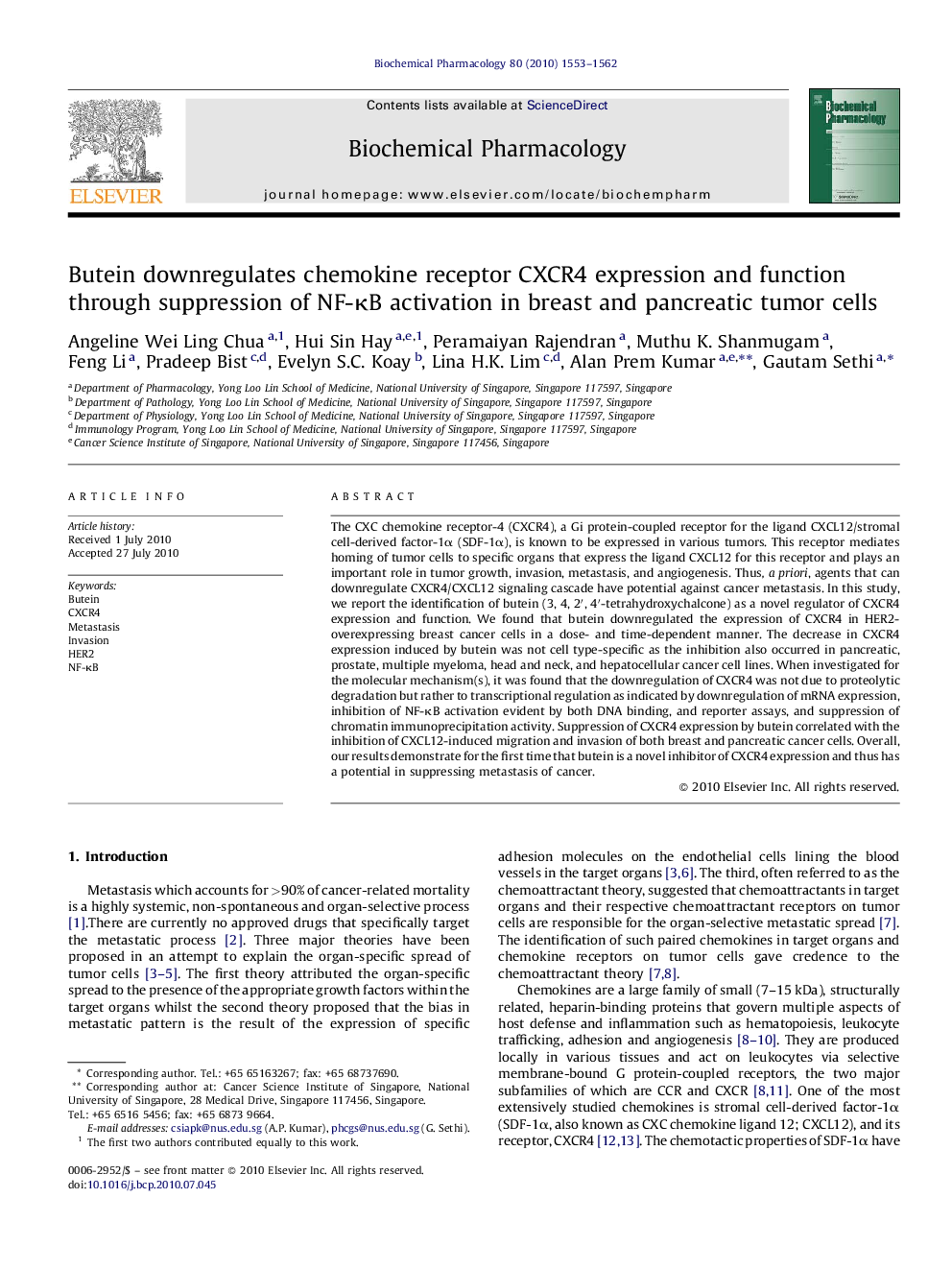 Butein downregulates chemokine receptor CXCR4 expression and function through suppression of NF-ÎºB activation in breast and pancreatic tumor cells