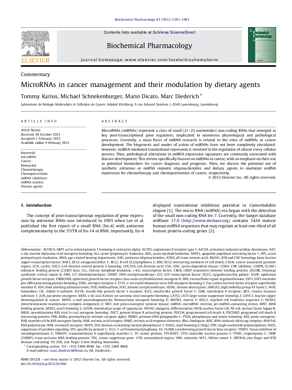 MicroRNAs in cancer management and their modulation by dietary agents