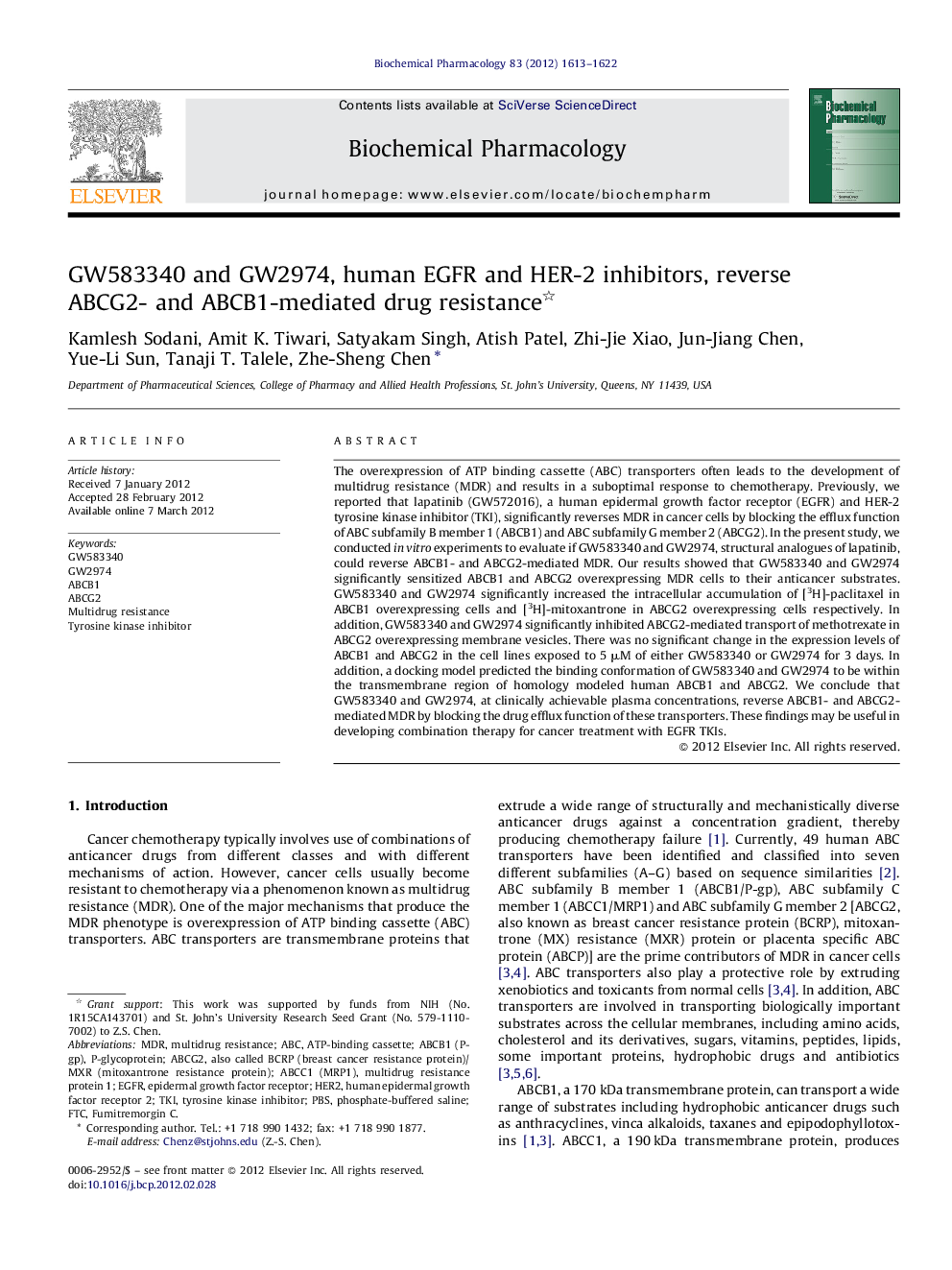 GW583340 and GW2974, human EGFR and HER-2 inhibitors, reverse ABCG2- and ABCB1-mediated drug resistance