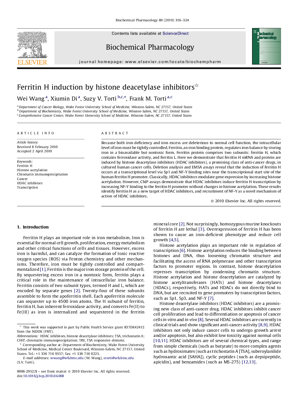 Ferritin H induction by histone deacetylase inhibitors