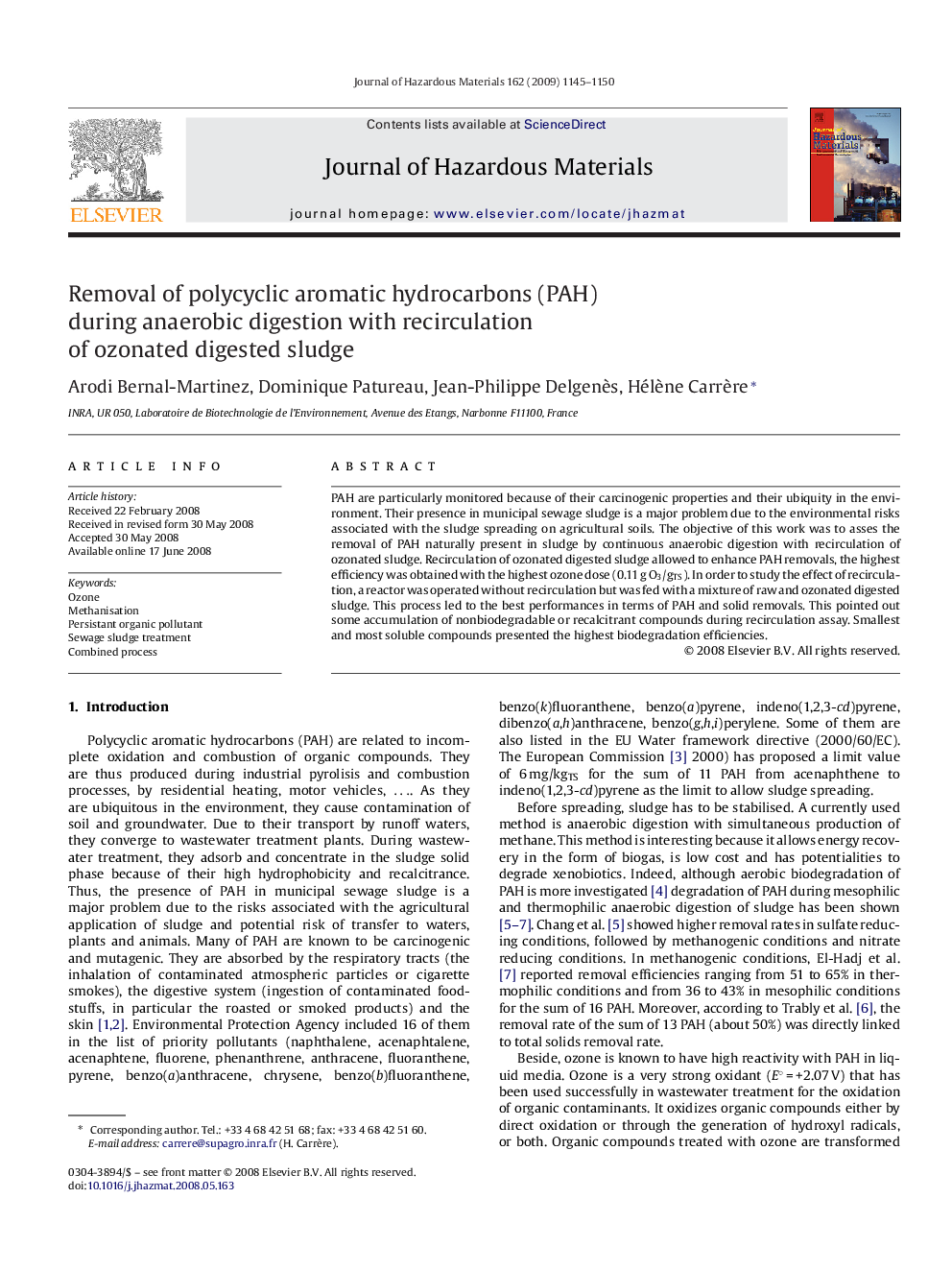 Removal of polycyclic aromatic hydrocarbons (PAH) during anaerobic digestion with recirculation of ozonated digested sludge