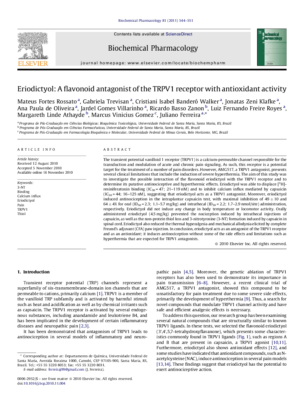 Eriodictyol: A flavonoid antagonist of the TRPV1 receptor with antioxidant activity