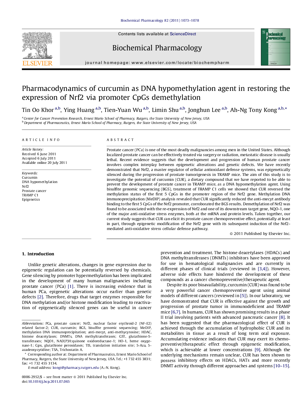 Pharmacodynamics of curcumin as DNA hypomethylation agent in restoring the expression of Nrf2 via promoter CpGs demethylation