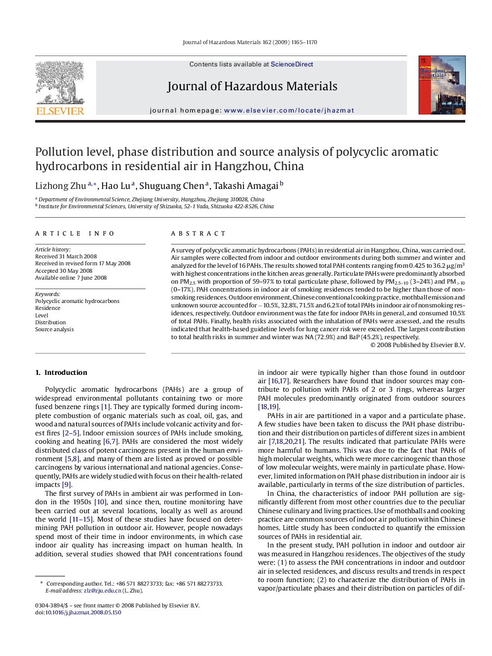 Pollution level, phase distribution and source analysis of polycyclic aromatic hydrocarbons in residential air in Hangzhou, China